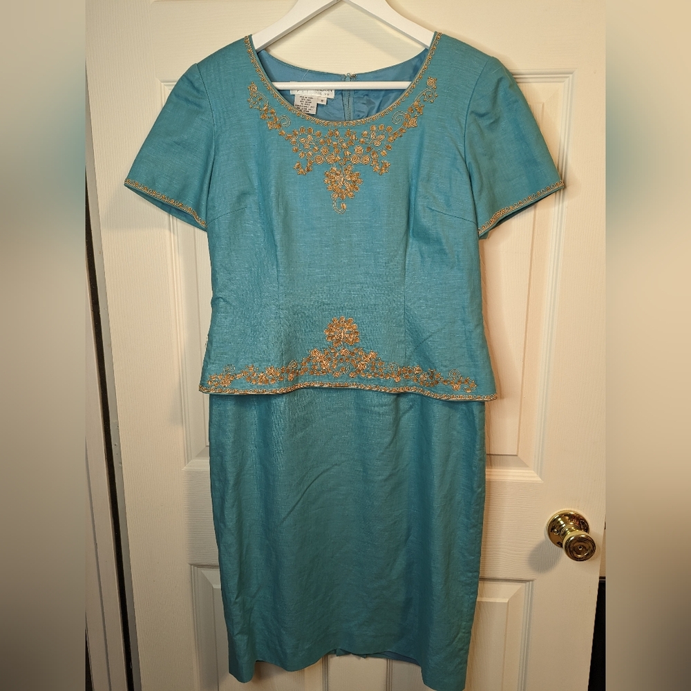 Maggy London petites blue with brown beading linen cotton dress size 8 petite